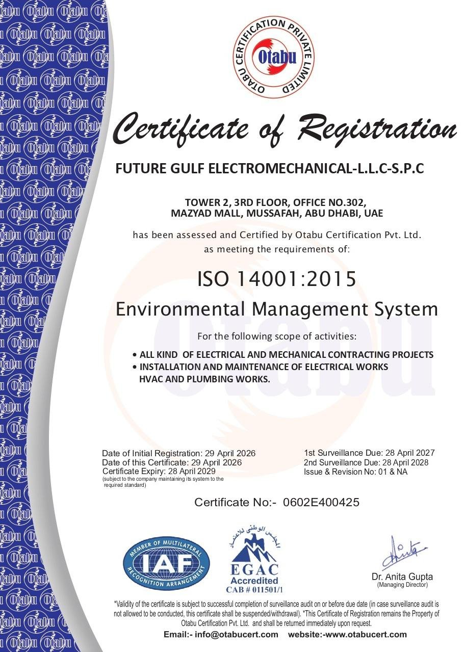 ISO 14001:2015 certificate for Future Gulf Electromechanical