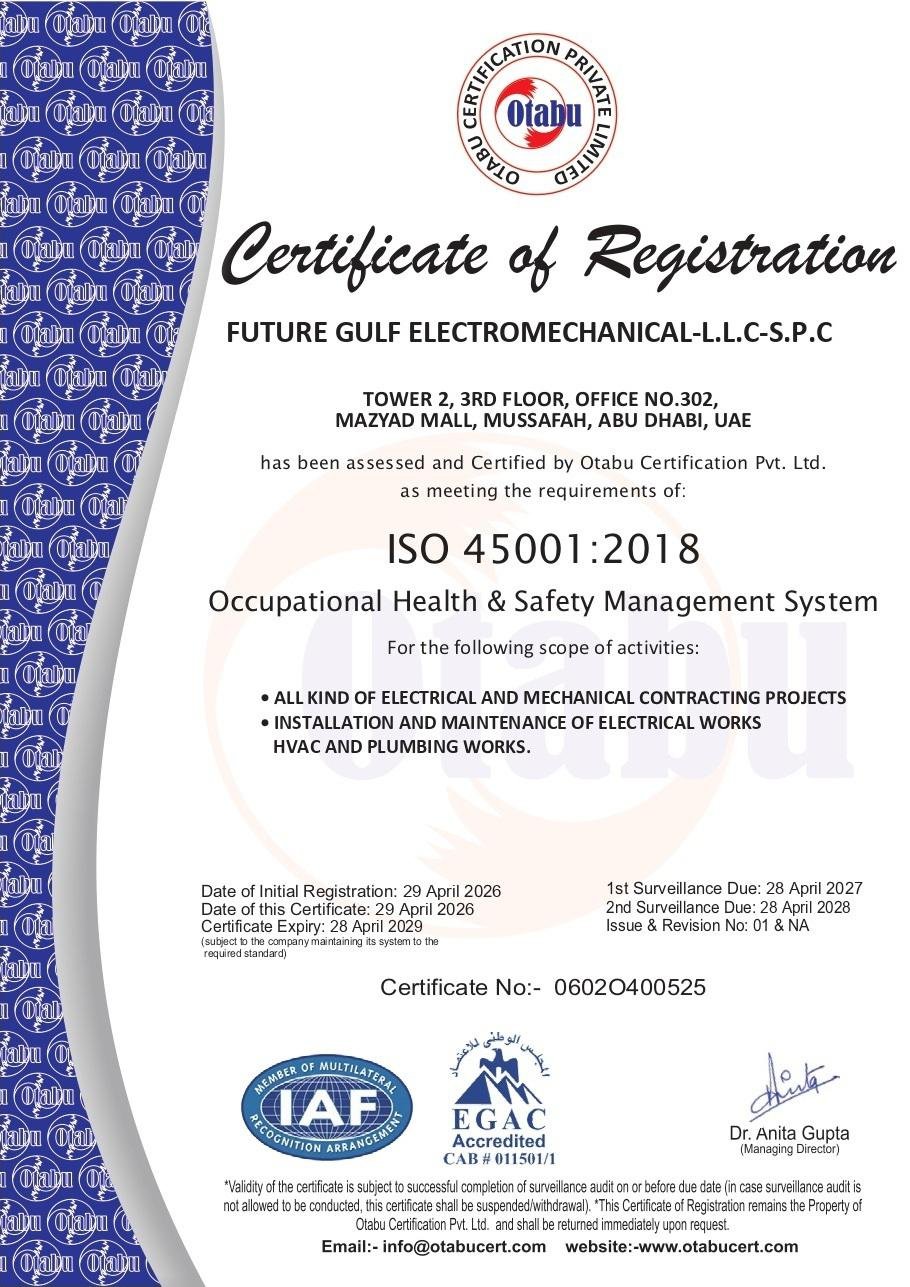 ISO 45001:2018 certificate for Future Gulf Electromechanical