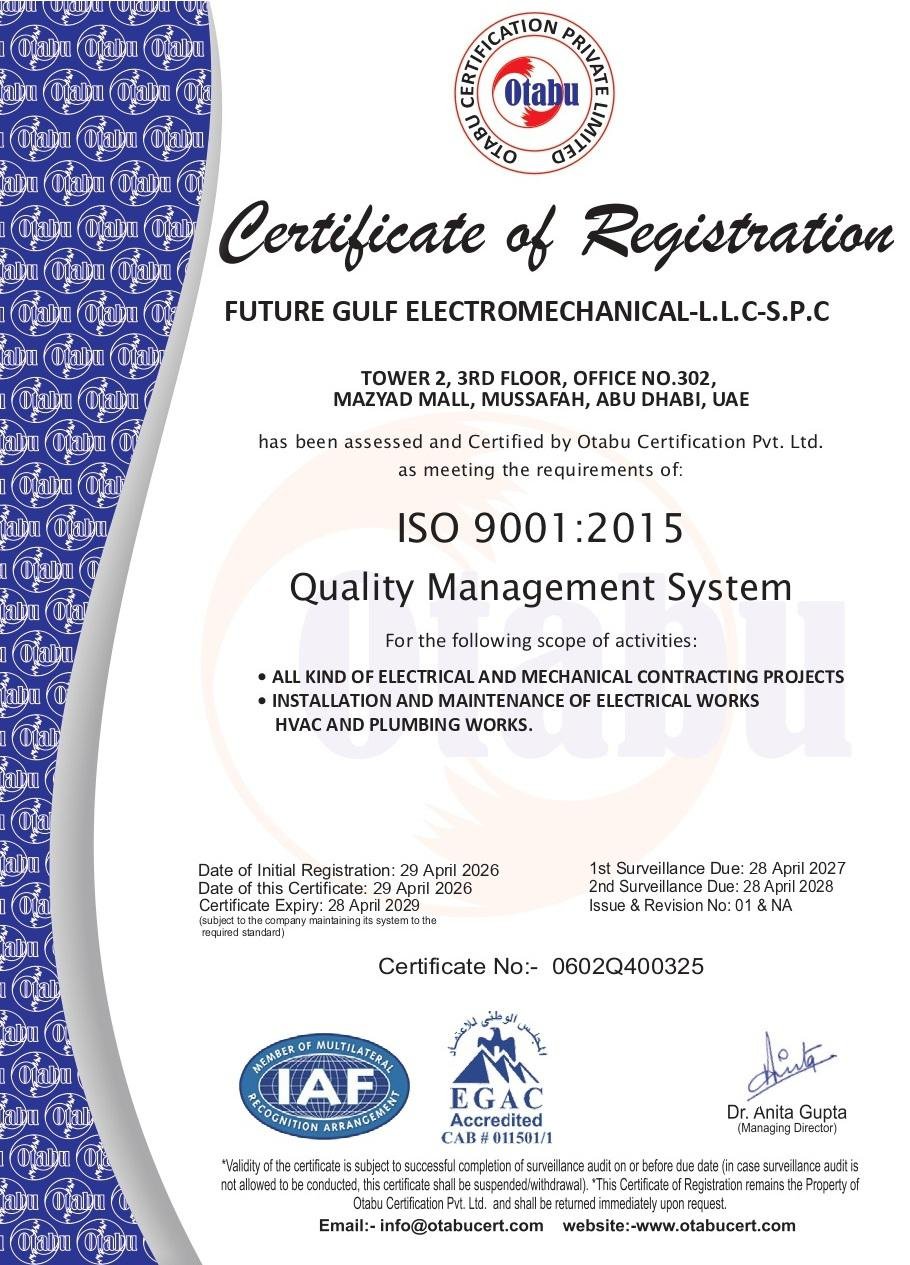 ISO 9001:2015 certificate for Future Gulf Electromechanical
